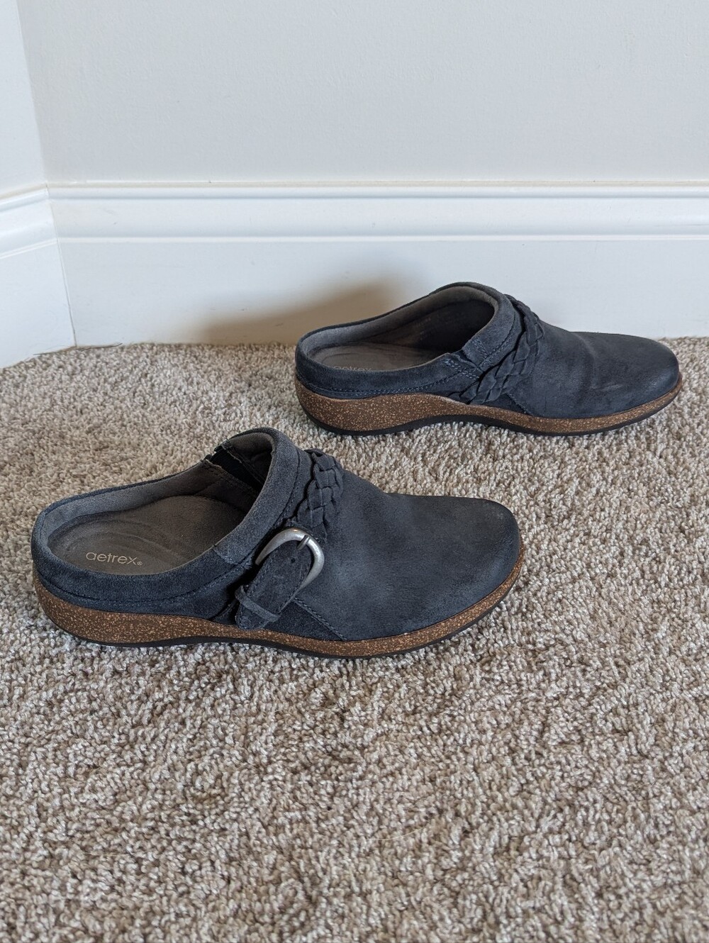 Aetrex Libby Leather Comfort Clog Braided Strap - Charcoal Grey sz 9